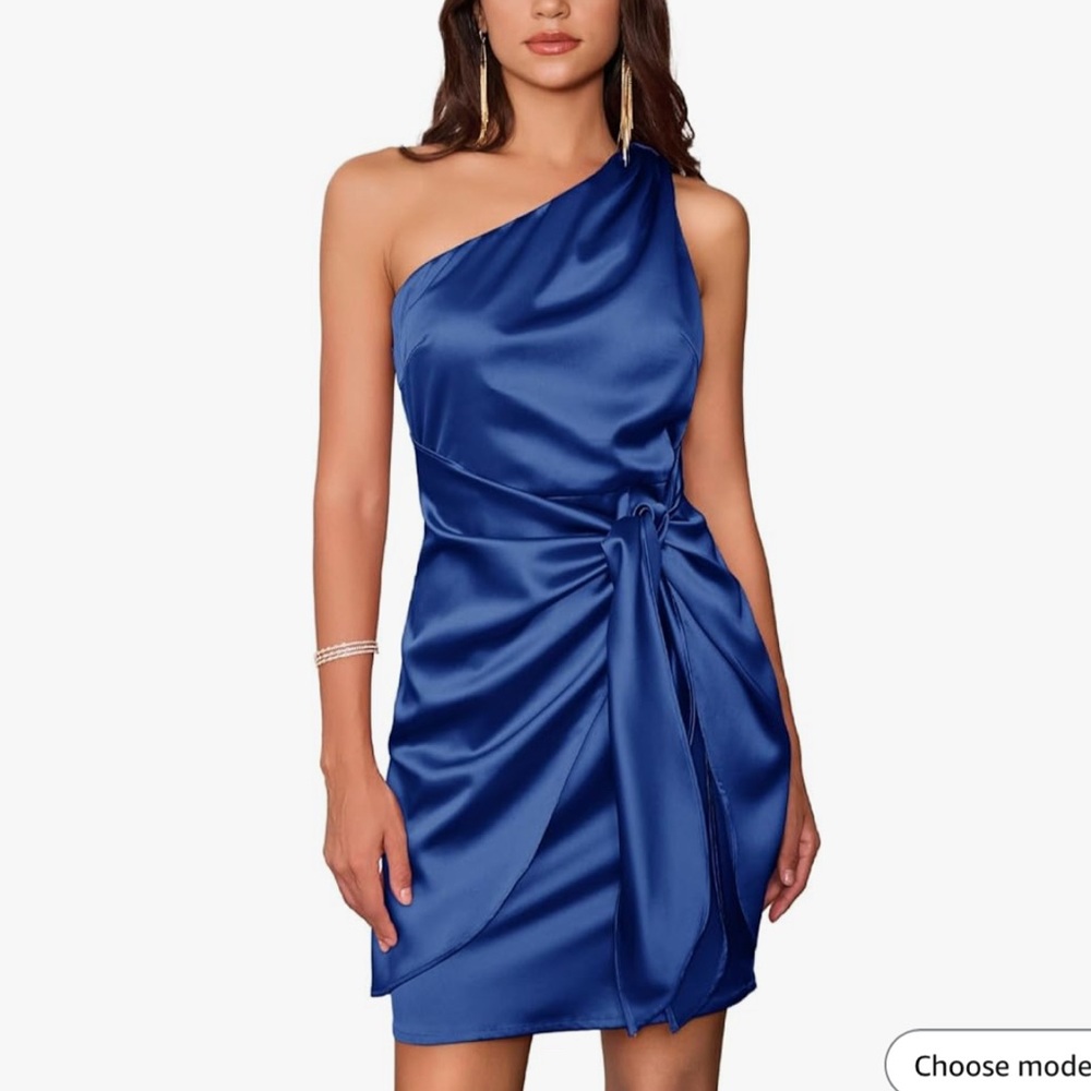 Blue Satin One-Shoulder Dress